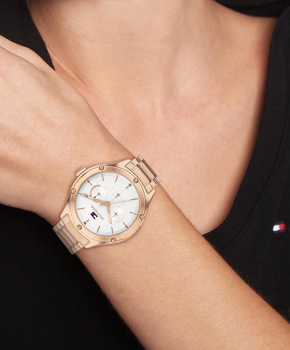 imageTommy Hilfiger Womens Quartz MultiFunction Watch with Textured Dial and Crystal Bezel Gift for HerRose Gold