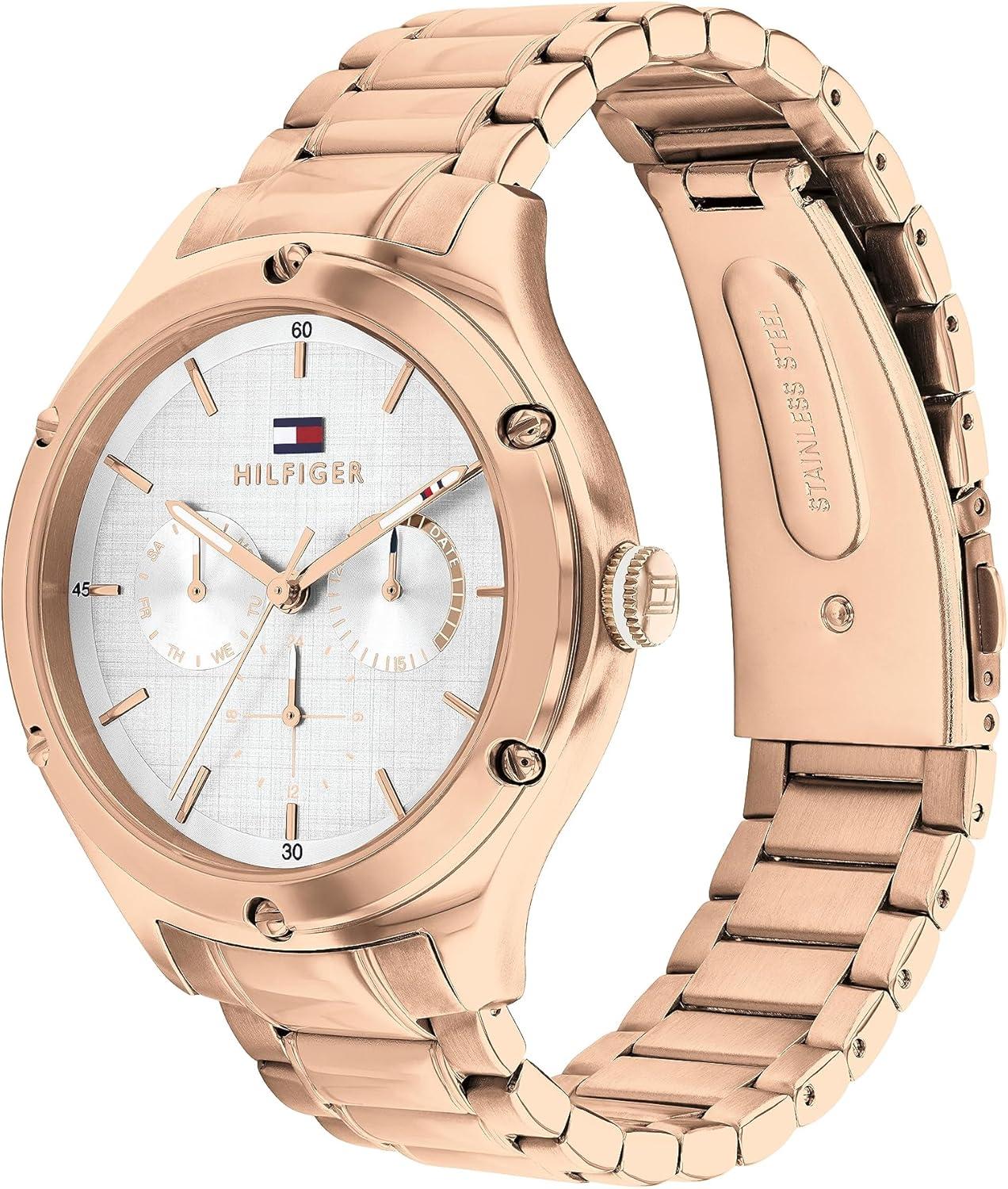 imageTommy Hilfiger Womens Quartz MultiFunction Watch with Textured Dial and Crystal Bezel Gift for HerRose Gold