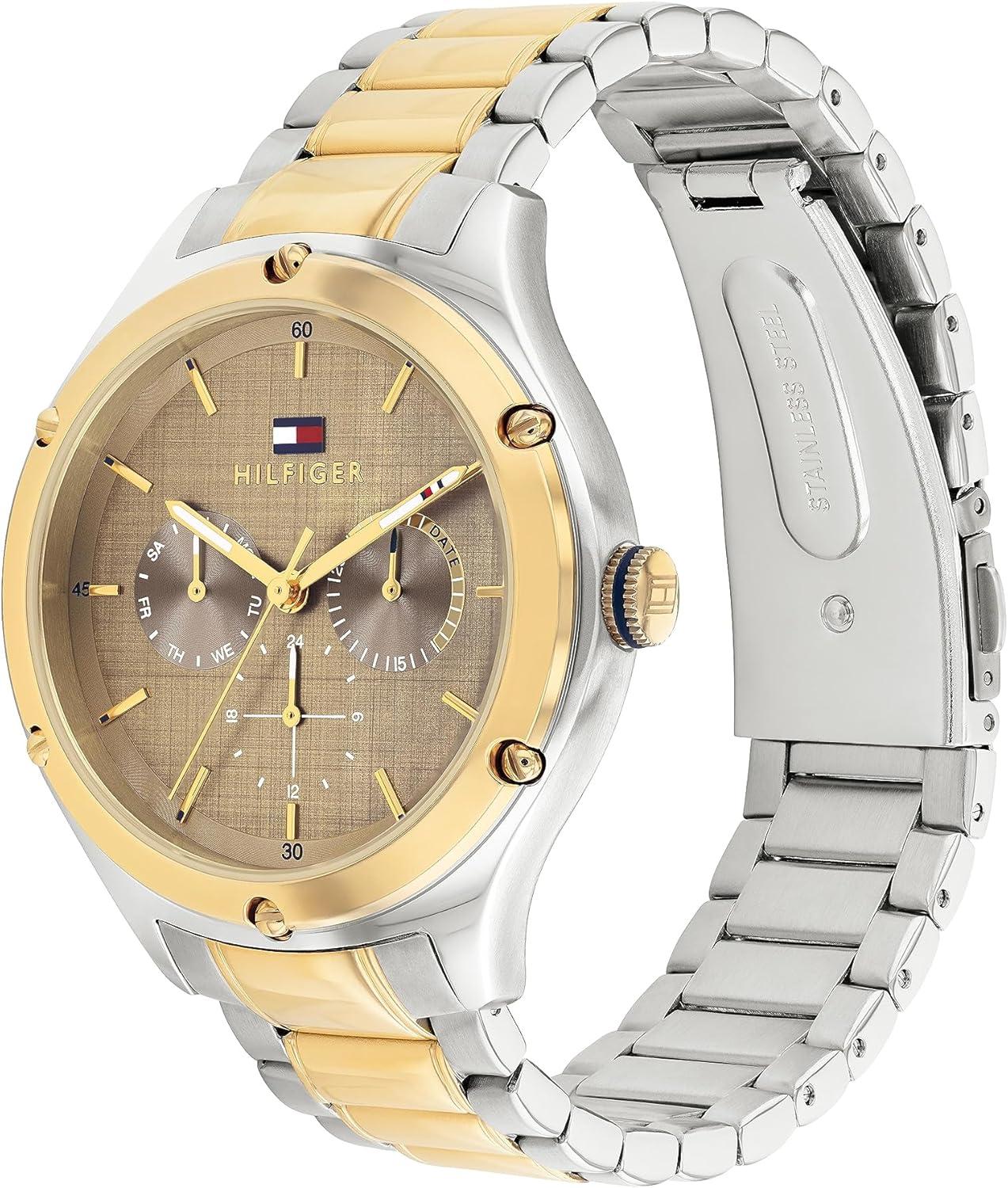 imageTommy Hilfiger Womens Quartz MultiFunction Watch with Textured Dial and Crystal Bezel Gift for HerTwo Tone