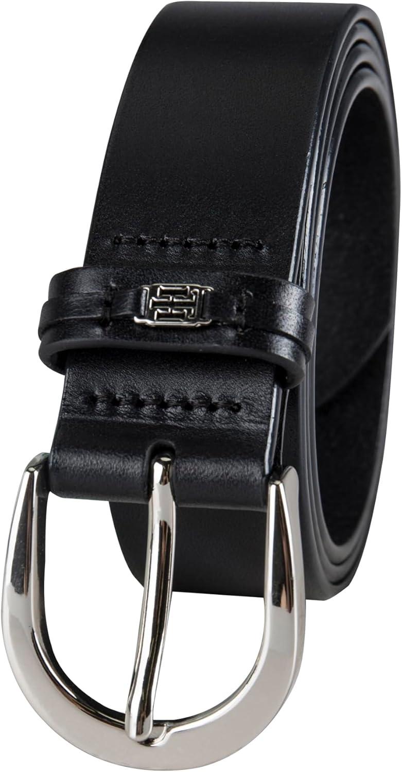 imageTommy Hilfiger Womens TH Ornament Logo Casual Leather Belt for Jeans Trousers and DressesBlack