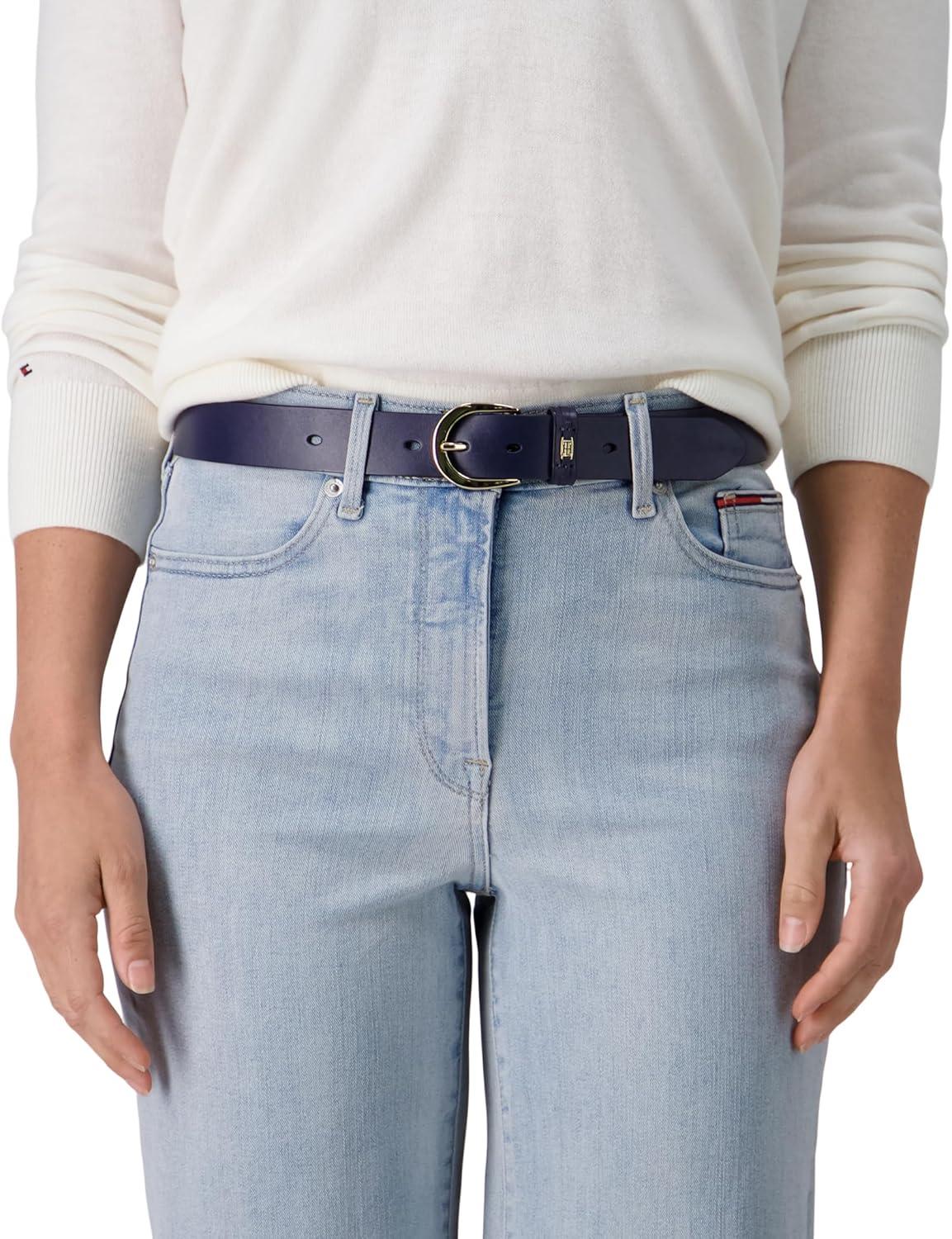 imageTommy Hilfiger Womens TH Ornament Logo Casual Leather Belt for Jeans Trousers and DressesNavy Casual