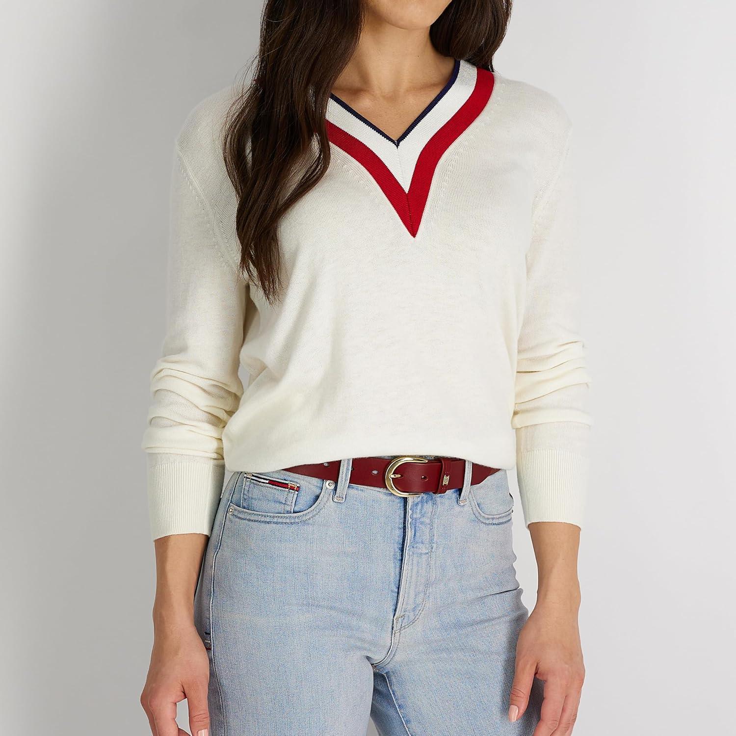 imageTommy Hilfiger Womens TH Ornament Logo Casual Leather Belt for Jeans Trousers and DressesRed