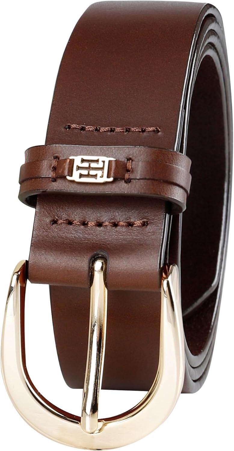 imageTommy Hilfiger Womens TH Ornament Logo Casual Leather Belt for Jeans Trousers and DressesTan