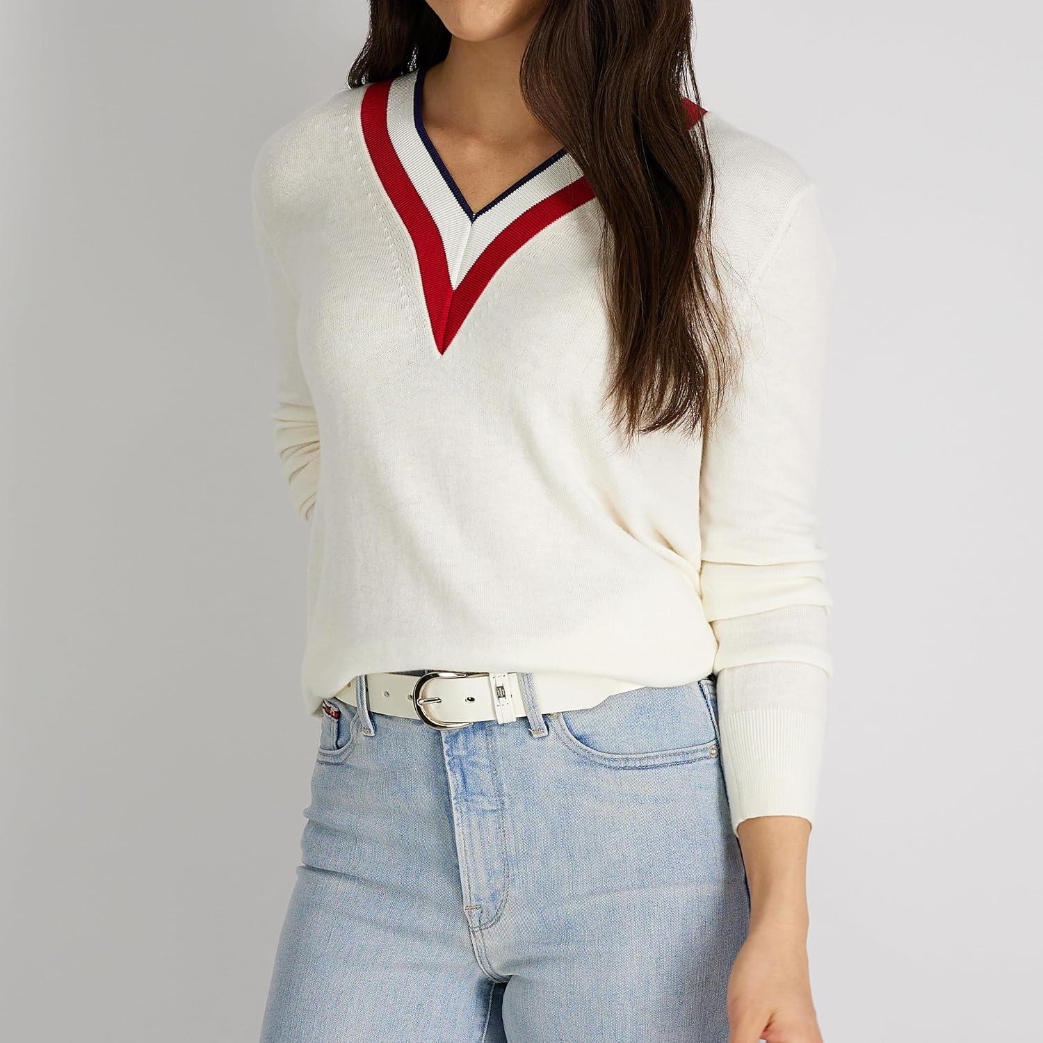 imageTommy Hilfiger Womens TH Ornament Logo Casual Leather Belt for Jeans Trousers and DressesWhite