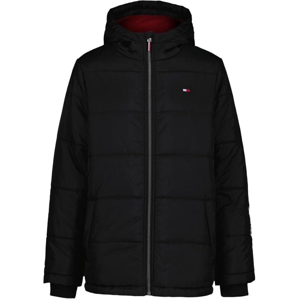 imageTommy Hilfiger Boys Heavyweight Hooded Polar Fleece Lined Puffer JacketSleeve Logo Black