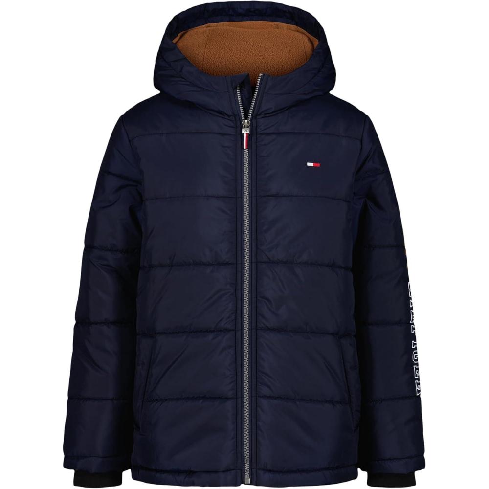 imageTommy Hilfiger Boys Heavyweight Hooded Polar Fleece Lined Puffer JacketSleeve Logo Navy Blazer