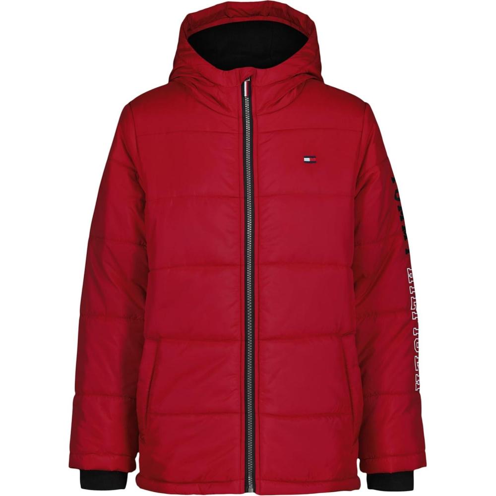imageTommy Hilfiger Boys Heavyweight Hooded Polar Fleece Lined Puffer JacketSleeve Logo Scooter Red