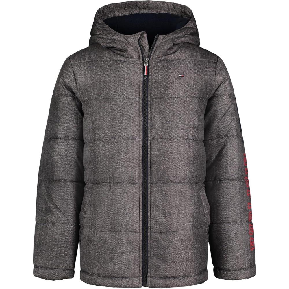 imageTommy Hilfiger Boys Heavyweight Hooded Polar Fleece Lined Puffer JacketSteel Grey Sleeve Logo