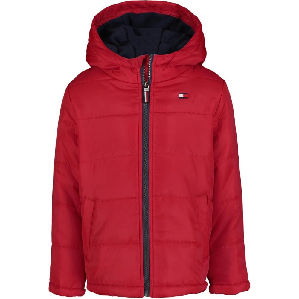imageTommy Hilfiger Boys Heavyweight Hooded Polar Fleece Lined Puffer JacketTh Sleeve Scooter Red