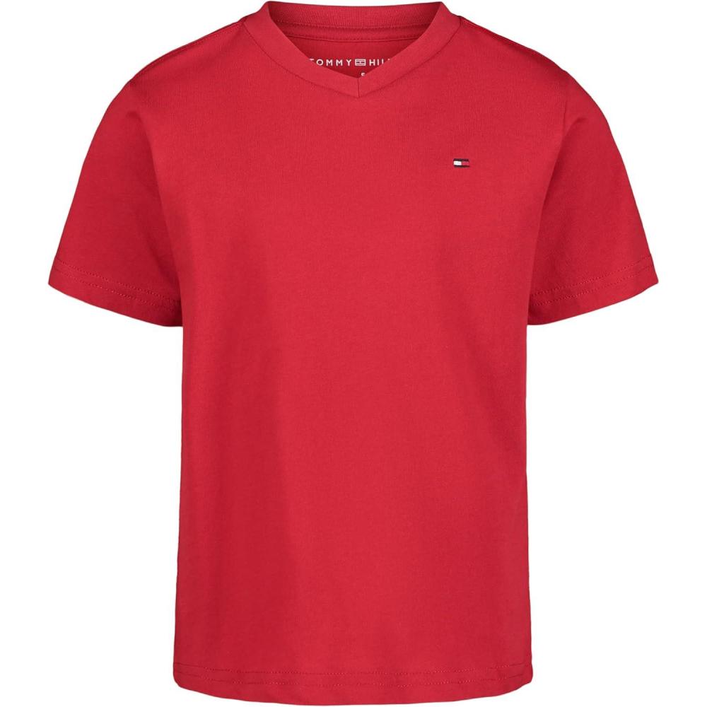 imageTommy Hilfiger Boys Short Sleeve Flag Solid VNeck TShirtClassic Scarlet Sage