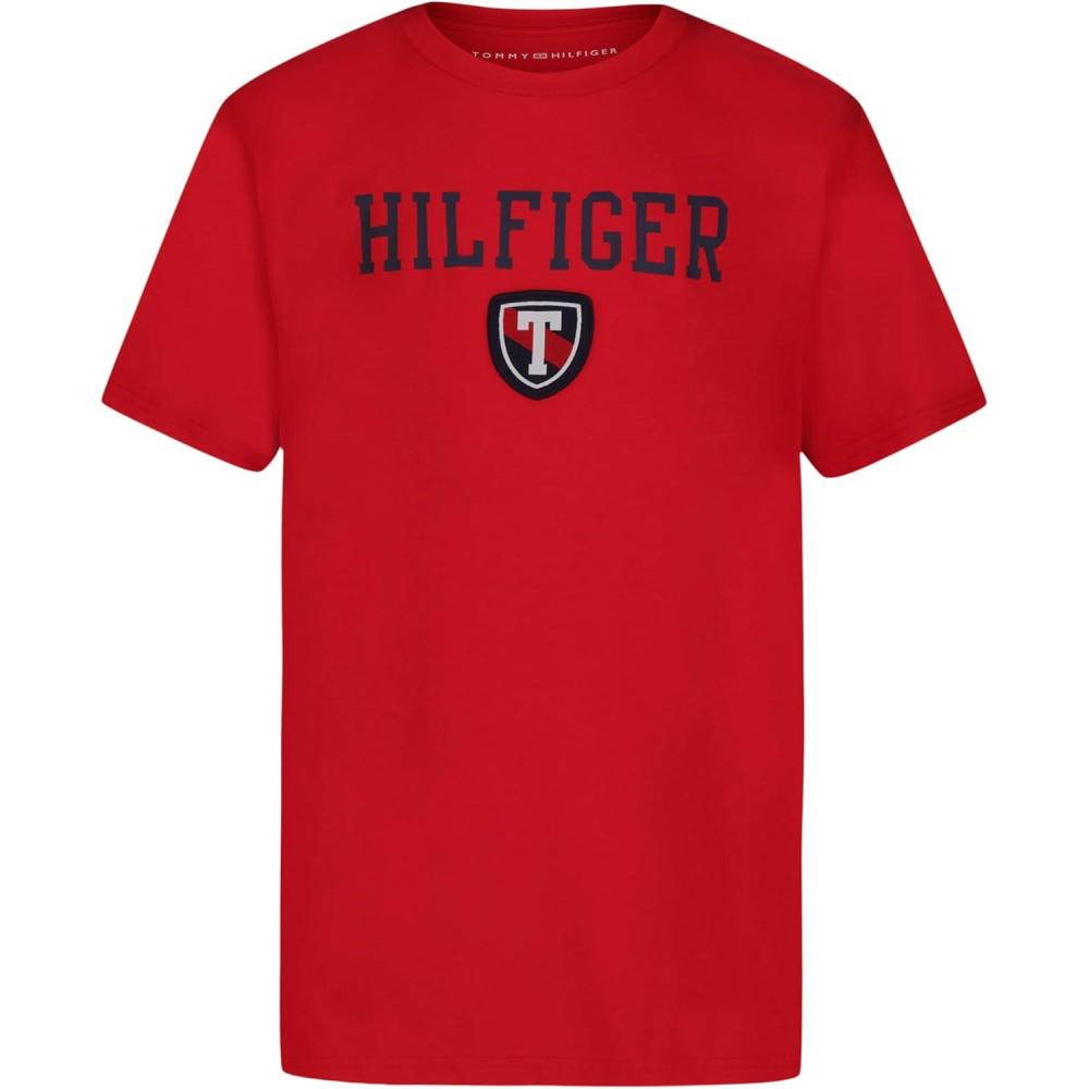 imageTommy Hilfiger Boys Short Sleeve Graphic Crew Neck TShirt Soft Comfortable Relaxed FitFreshman Tommy Red
