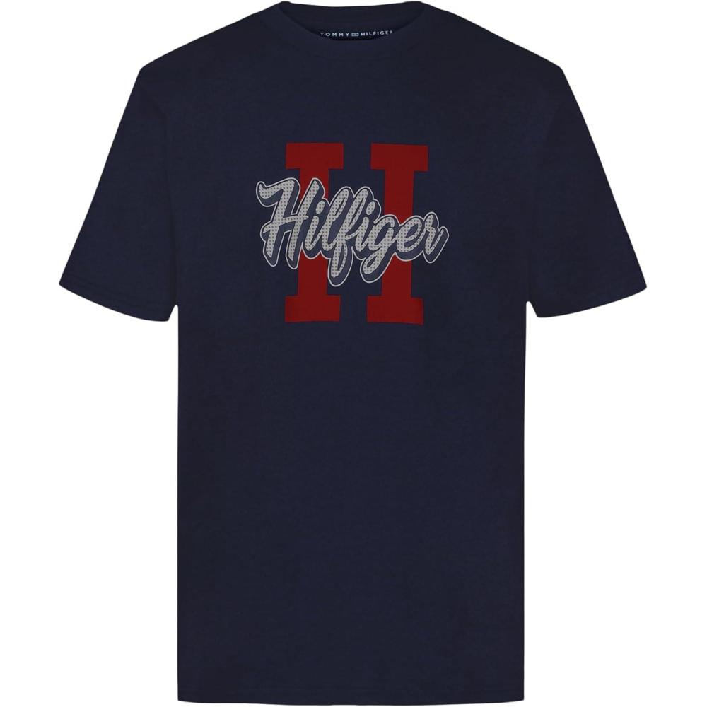 imageTommy Hilfiger Boys Short Sleeve Graphic Crew Neck TShirt Soft Comfortable Relaxed FitHilfiger H Navy Blazer
