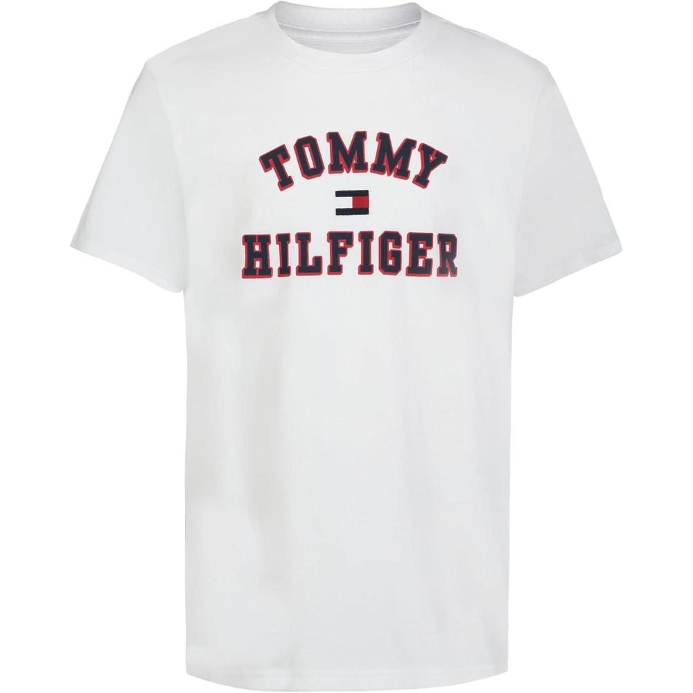 imageTommy Hilfiger Boys Short Sleeve Graphic Crew Neck TShirt Soft Comfortable Relaxed FitOld Varsity Bright White