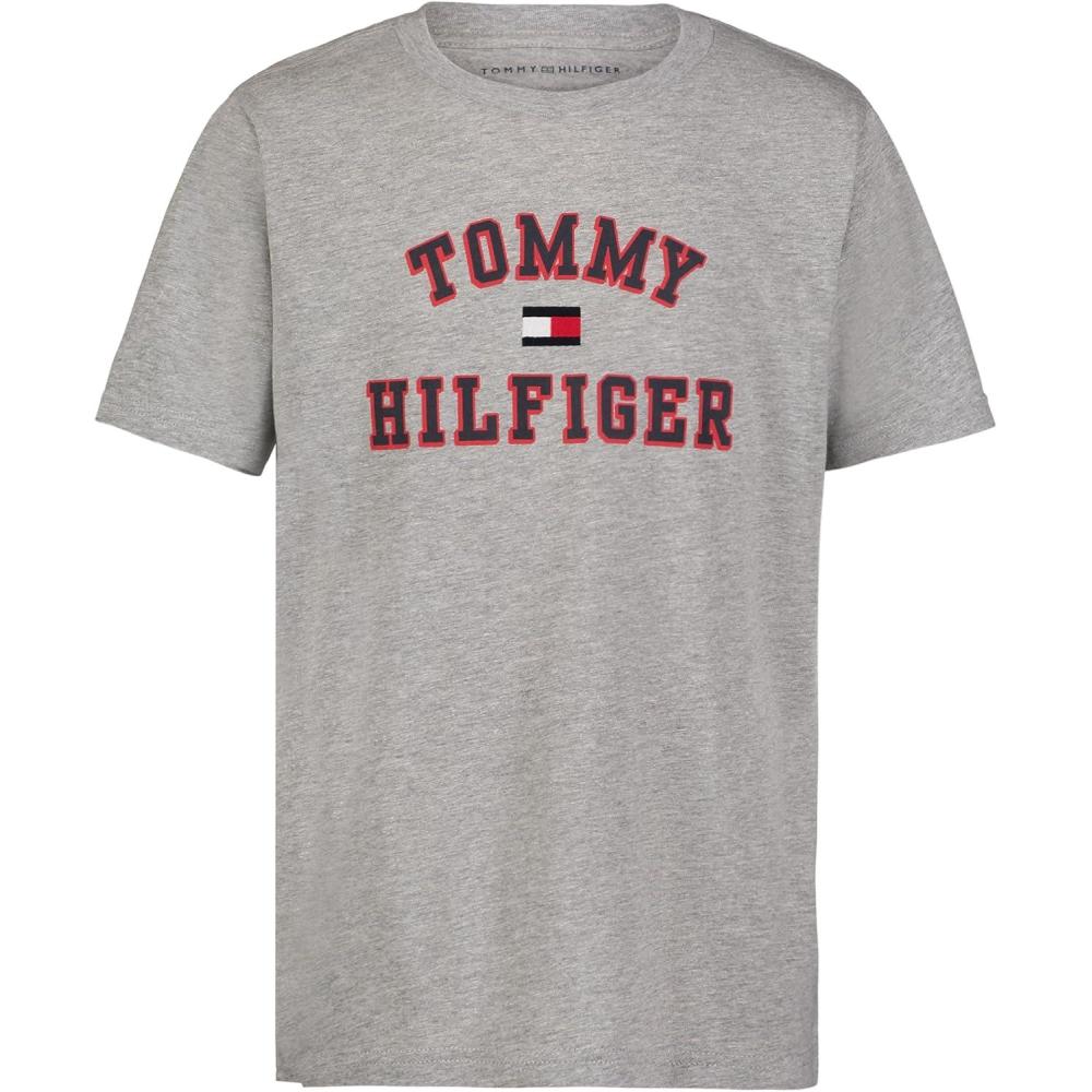 imageTommy Hilfiger Boys Short Sleeve Graphic Crew Neck TShirt Soft Comfortable Relaxed FitOld Varsity Grey Heather