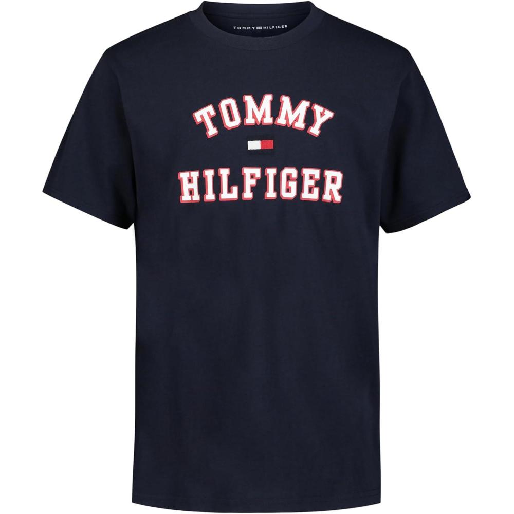 imageTommy Hilfiger Boys Short Sleeve Graphic Crew Neck TShirt Soft Comfortable Relaxed FitOld Varsity Navy Blazer