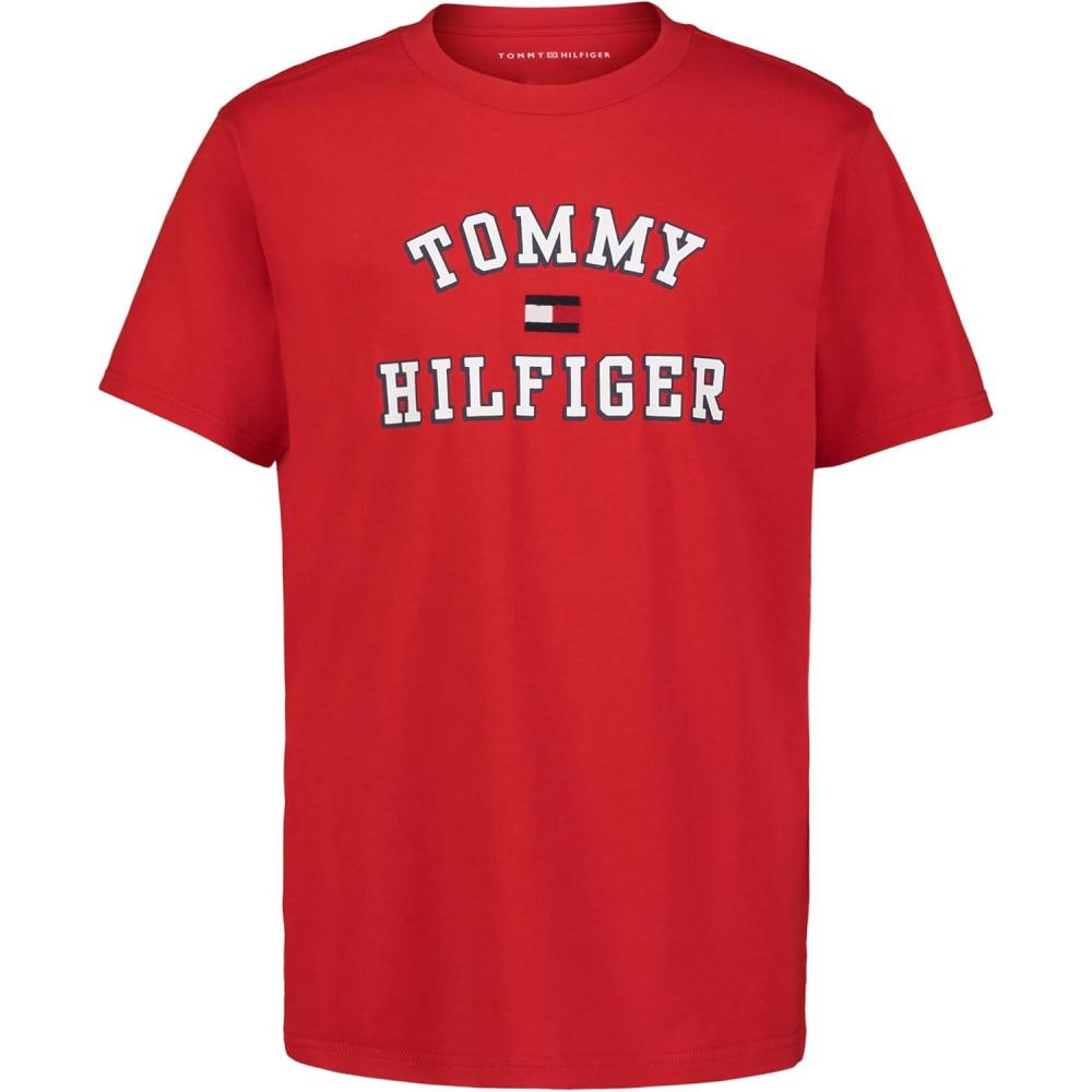 imageTommy Hilfiger Boys Short Sleeve Graphic Crew Neck TShirt Soft Comfortable Relaxed FitOld Varsity Tommy Red