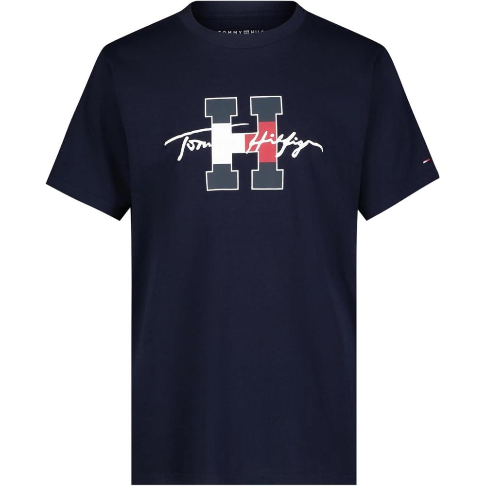 imageTommy Hilfiger Boys Short Sleeve Graphic Crew Neck TShirt Soft Comfortable Relaxed FitScript H Navy Blazer