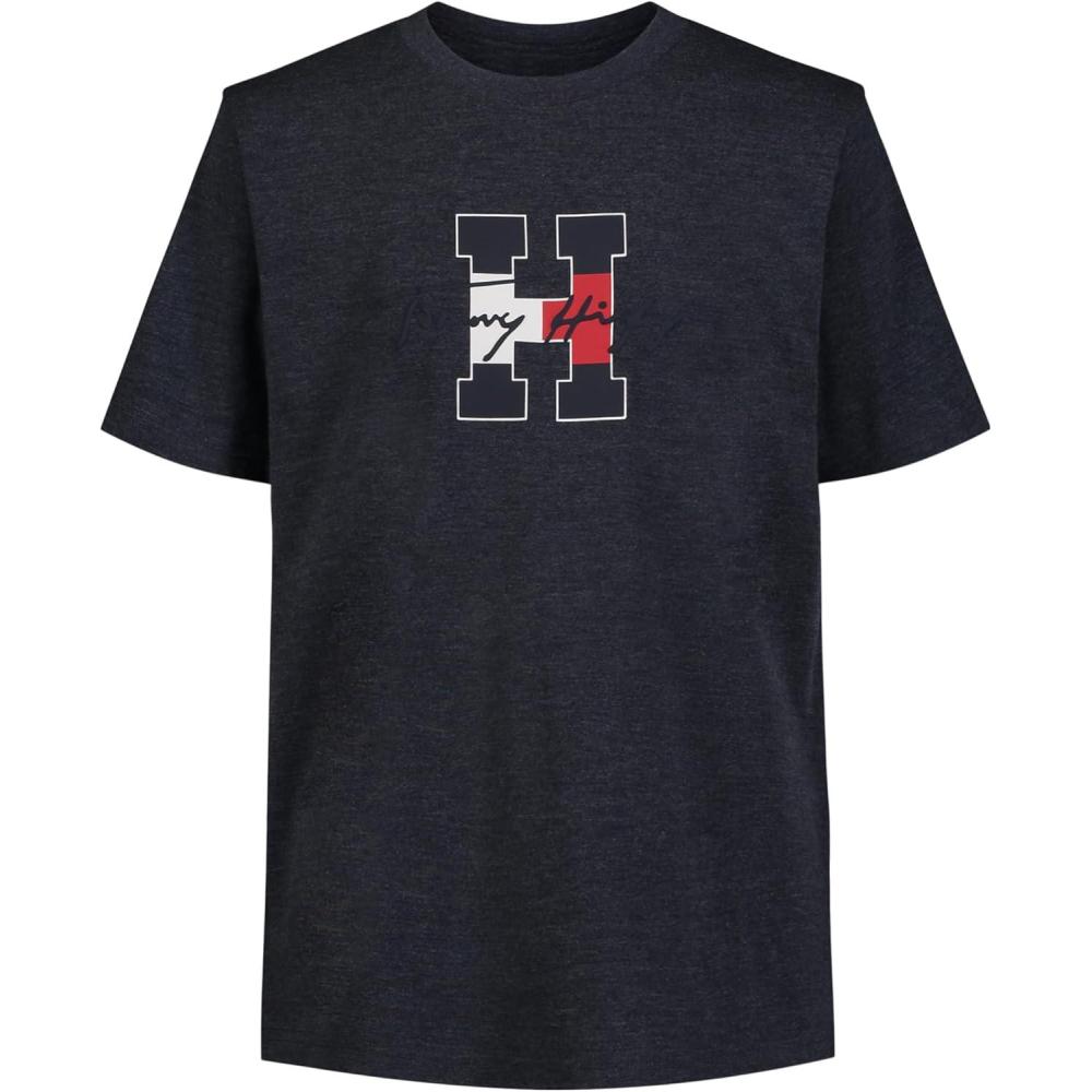 imageTommy Hilfiger Boys Short Sleeve Graphic Crew Neck TShirt Soft Comfortable Relaxed FitScript H Navy Heather