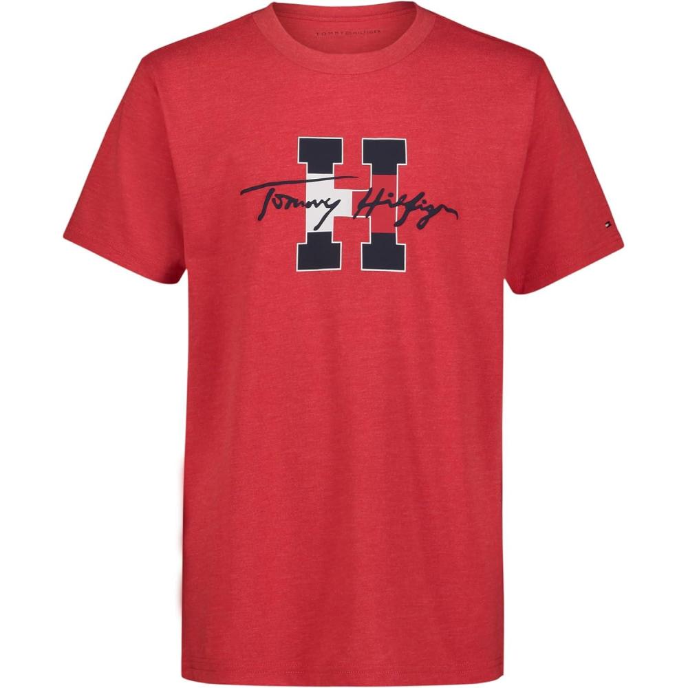 imageTommy Hilfiger Boys Short Sleeve Graphic Crew Neck TShirt Soft Comfortable Relaxed FitScript H Red Heather