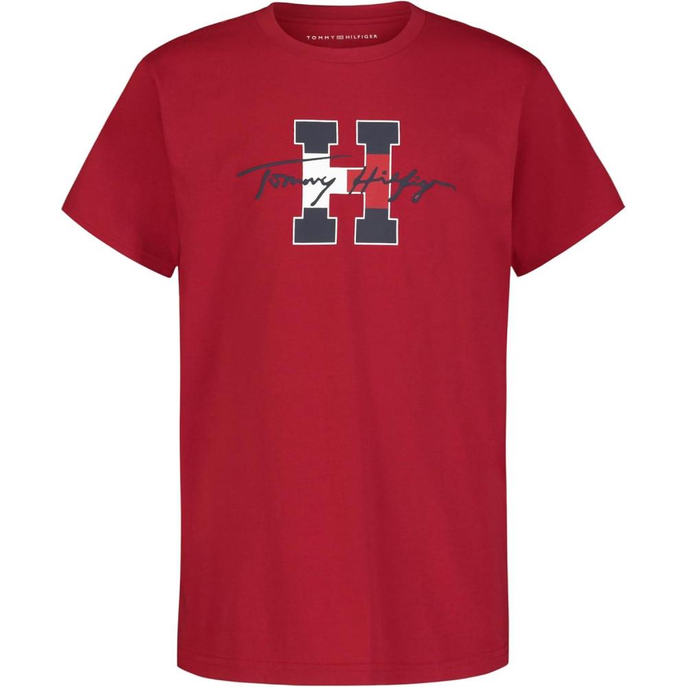 imageTommy Hilfiger Boys Short Sleeve Graphic Crew Neck TShirt Soft Comfortable Relaxed FitScript H Scooter Red