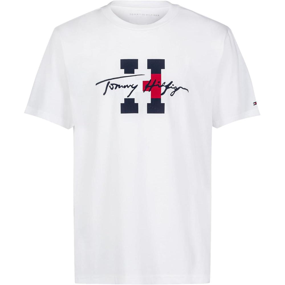 imageTommy Hilfiger Boys Short Sleeve Graphic Crew Neck TShirt Soft Comfortable Relaxed FitScript H Snow White