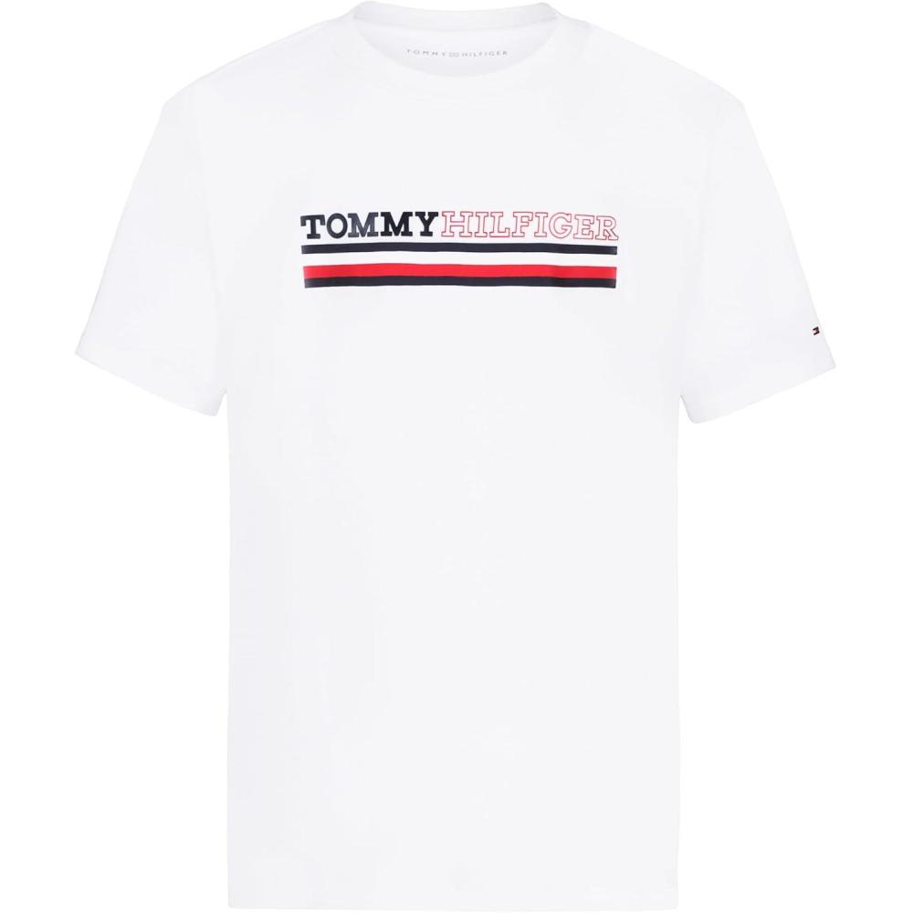 imageTommy Hilfiger Boys Short Sleeve Graphic Crew Neck TShirt Soft Comfortable Relaxed FitSignature Chest Fresh White