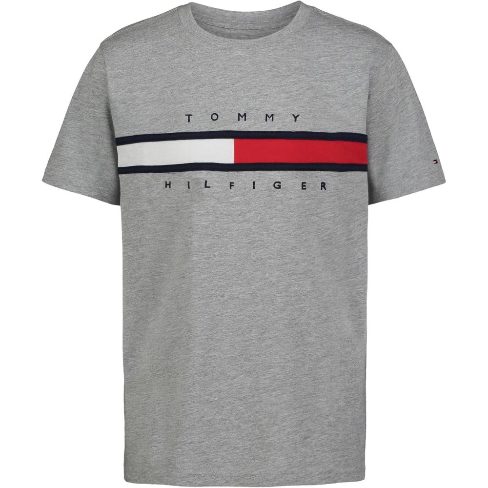 imageTommy Hilfiger Boys Short Sleeve Graphic Crew Neck TShirt Soft Comfortable Relaxed FitSignature Grey Heather