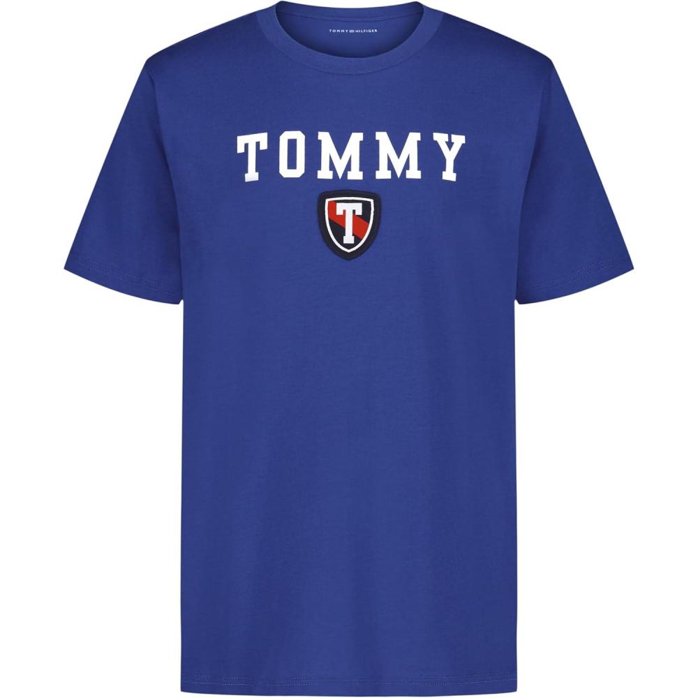 imageTommy Hilfiger Boys Short Sleeve Graphic Crew Neck TShirt Soft Comfortable Relaxed FitSophomore Galaxy Blue