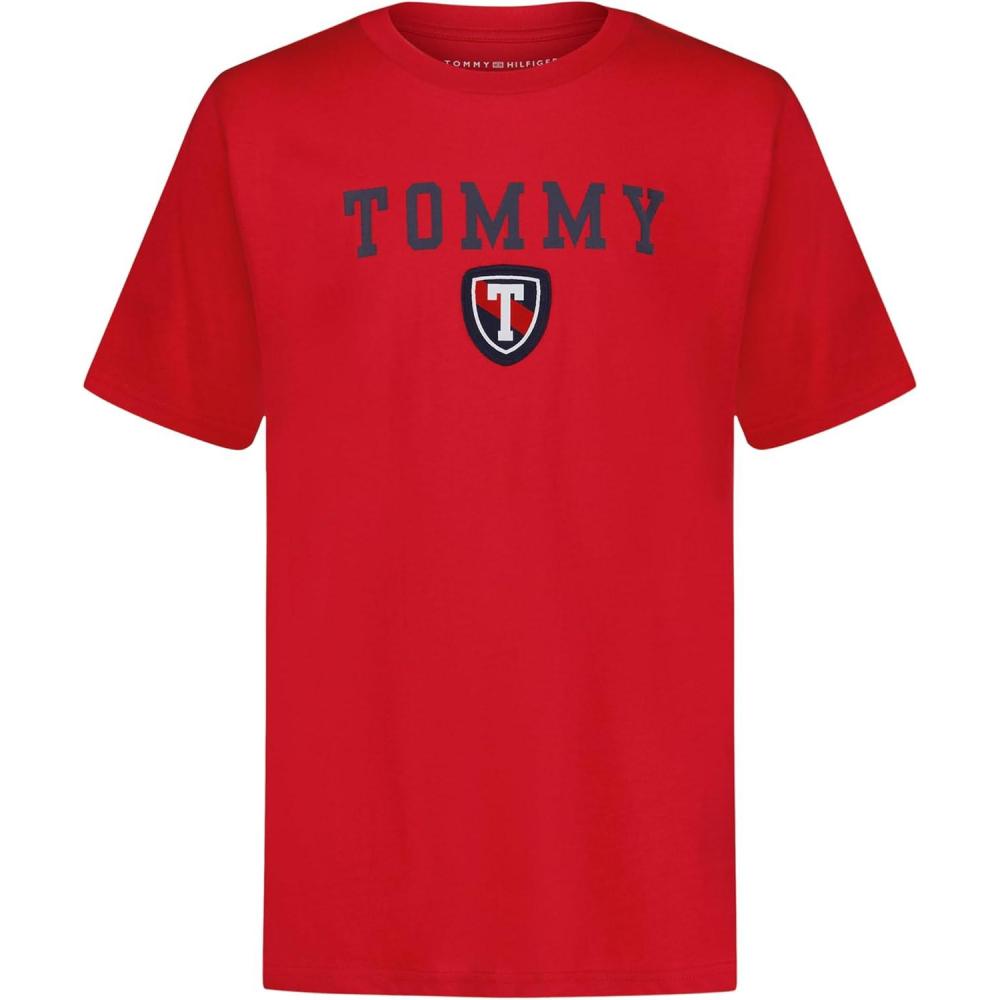 imageTommy Hilfiger Boys Short Sleeve Graphic Crew Neck TShirt Soft Comfortable Relaxed FitSophomore Scarlet Sage