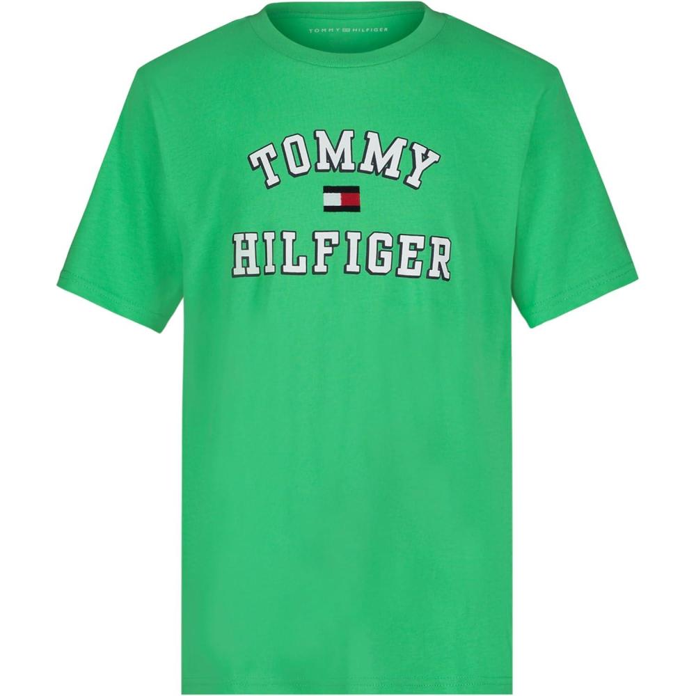 imageTommy Hilfiger Boys Short Sleeve Graphic Crew Neck TShirt Soft Comfortable Relaxed FitVarsity Irish Green