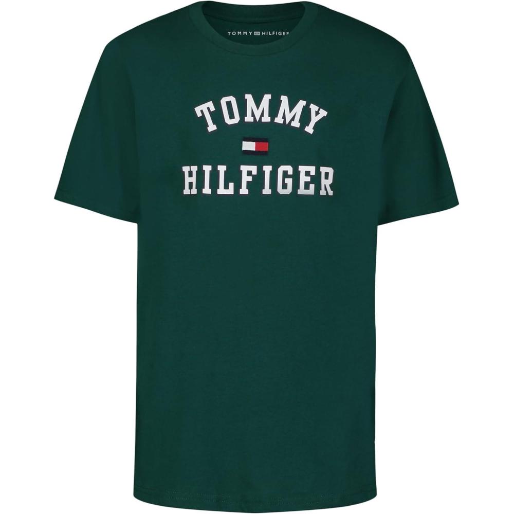imageTommy Hilfiger Boys Short Sleeve Graphic Crew Neck TShirt Soft Comfortable Relaxed FitVarsity Rain Forest
