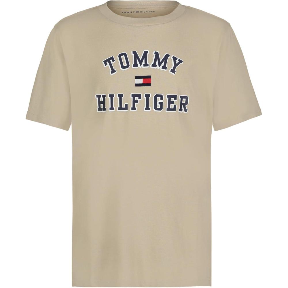 imageTommy Hilfiger Boys Short Sleeve Graphic Crew Neck TShirt Soft Comfortable Relaxed FitVarsity Sandalwood