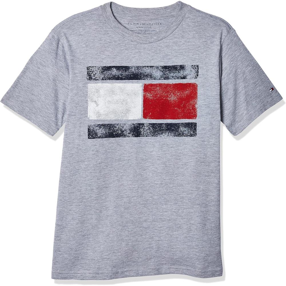 imageTommy Hilfiger Boys Short Sleeve Graphic Crew Neck TShirt Soft Comfortable Relaxed FitVintage Grey Heather
