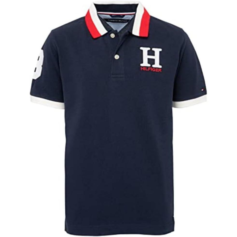 imageTommy Hilfiger Boys Short Sleeve Premium Pique Polo Shirt Button Closure Soft ampamp ComfortableMast Navy