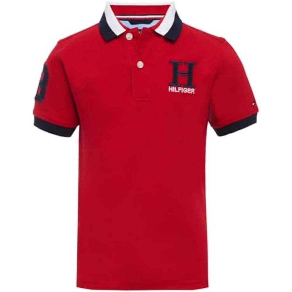 imageTommy Hilfiger Boys Short Sleeve Premium Pique Polo Shirt Button Closure Soft ampamp ComfortableMatt Tricollar Regal Red