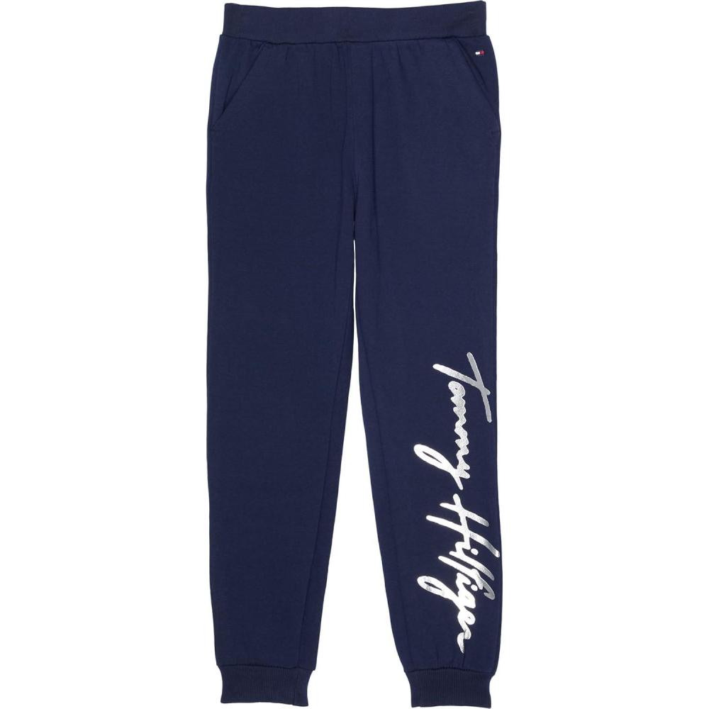 imageTommy Hilfiger Girls Fleece Jogger Sweatpants with Ribbed Cuffs ampamp Functional Side PocketsNavy Script