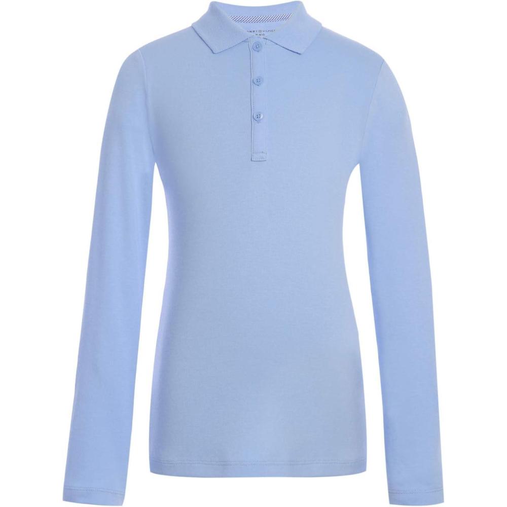 imageTommy Hilfiger Girls Long Sleeve Fitted Interlock Polo School Uniform ShirtLight Blue
