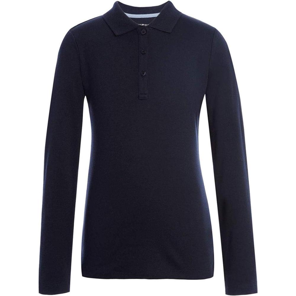 imageTommy Hilfiger Girls Long Sleeve Fitted Interlock Polo School Uniform ShirtNavy