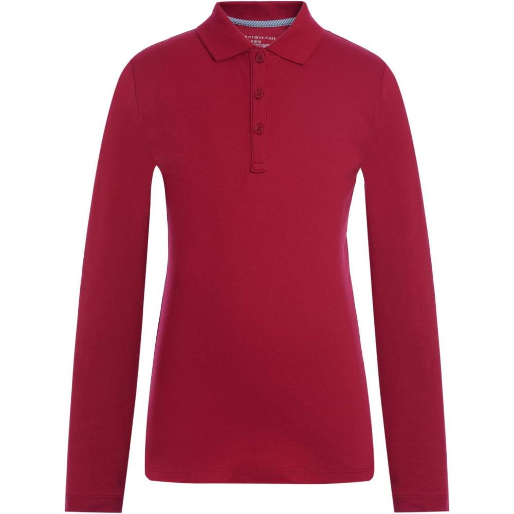 imageTommy Hilfiger Girls Long Sleeve Fitted Interlock Polo School Uniform ShirtRed