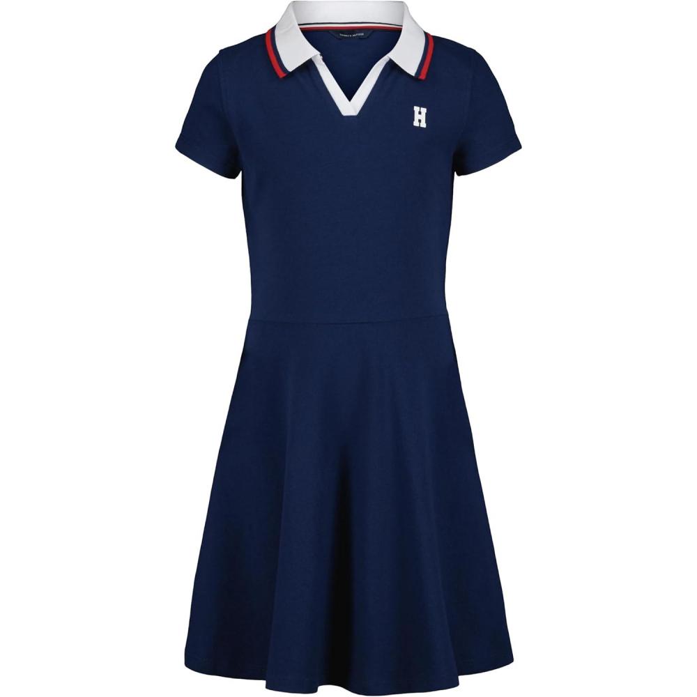 imageTommy Hilfiger Girls Short Sleeve Knit Polo Dress Everyday Casual Wear Soft ampamp Comfortable FitJohnny Collar Medieval Blue