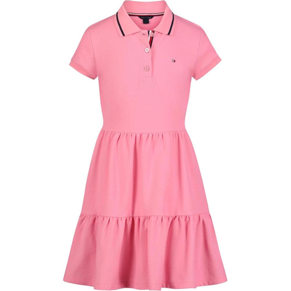 imageTommy Hilfiger Girls Short Sleeve Knit Polo Dress Everyday Casual Wear Soft ampamp Comfortable FitTiered Morning Glory