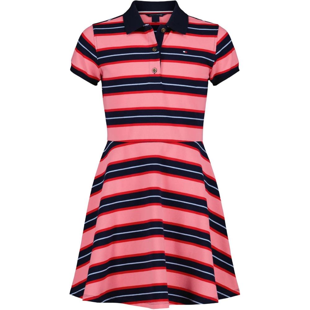 imageTommy Hilfiger Girls Short Sleeve Knit Polo Dress Everyday Casual Wear Soft ampamp Comfortable FitVarsity Stripe Strawberry