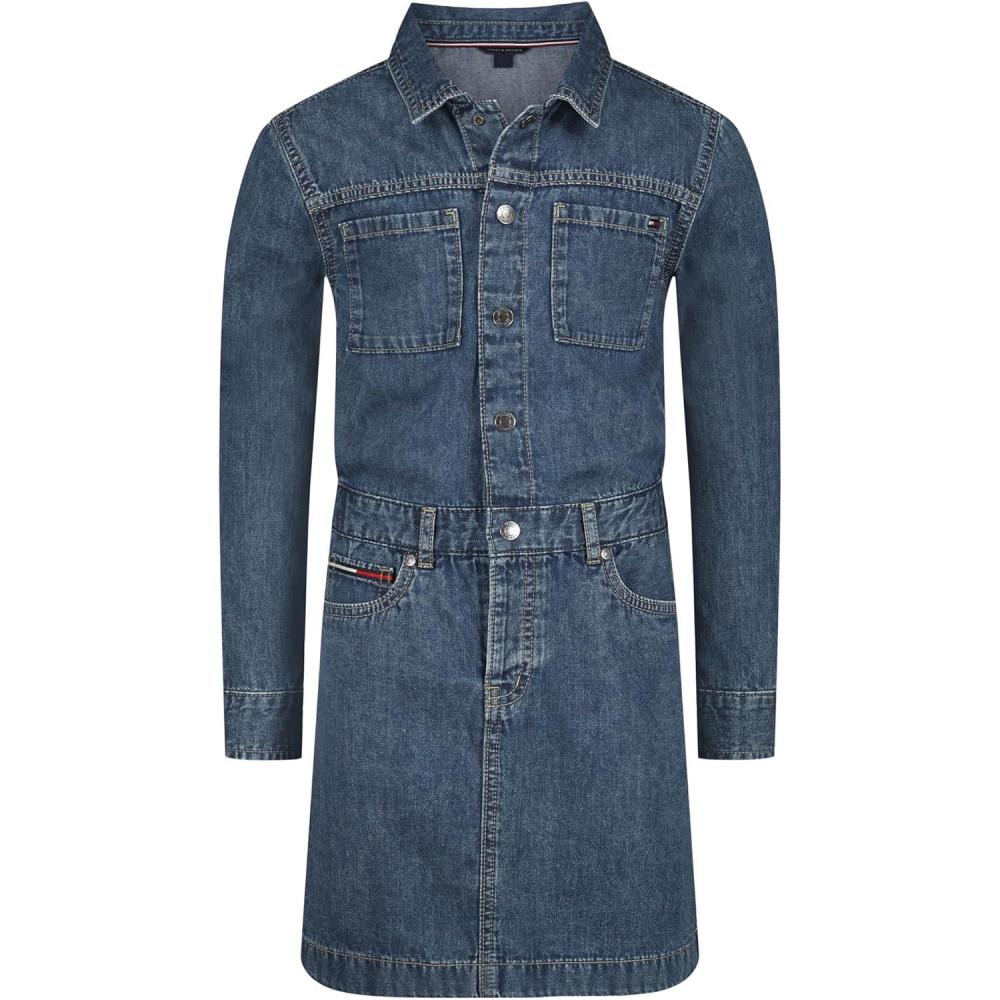 imageTommy Hilfiger Girls Short Sleeve Lightweight Denim Dress Collared with Cinched WaistDekalb Wash