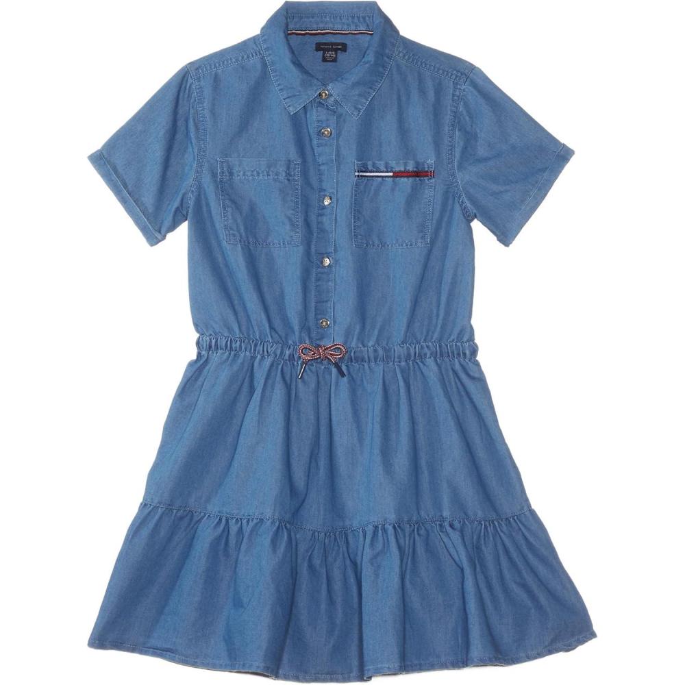 imageTommy Hilfiger Girls Short Sleeve Lightweight Denim Dress Collared with Cinched WaistHighline Wash