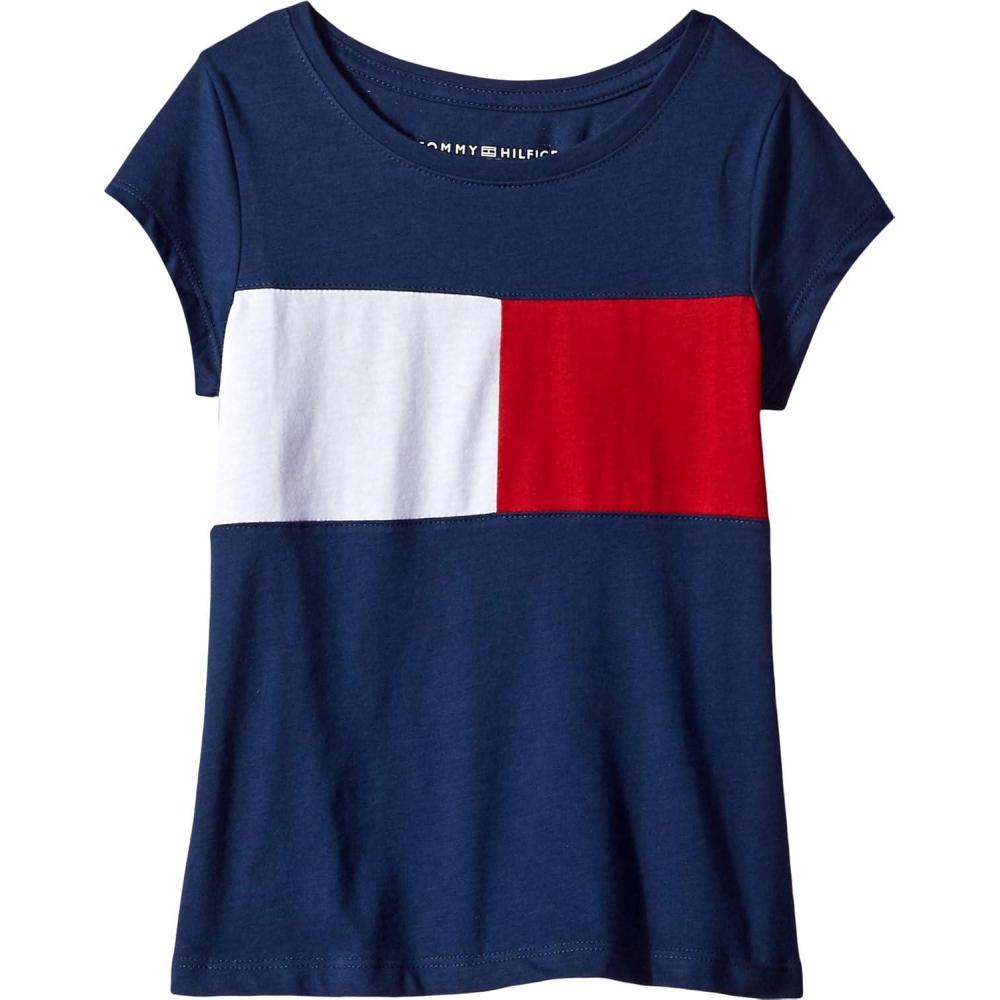 imageTommy Hilfiger Girls Short Sleeve TShirt with Flag Logo Cotton Blend Tee with Tagless InteriorFlag Blue 4053