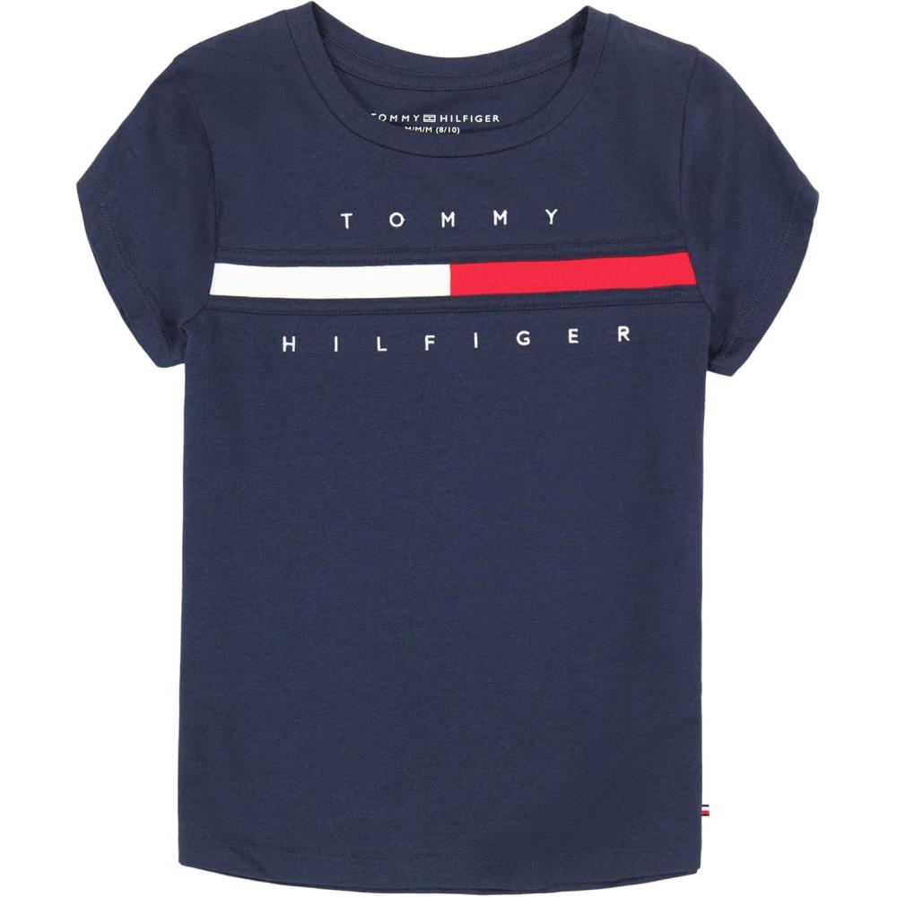 imageTommy Hilfiger Girls Short Sleeve TShirt with Flag Logo Cotton Blend Tee with Tagless InteriorNavy Blazer