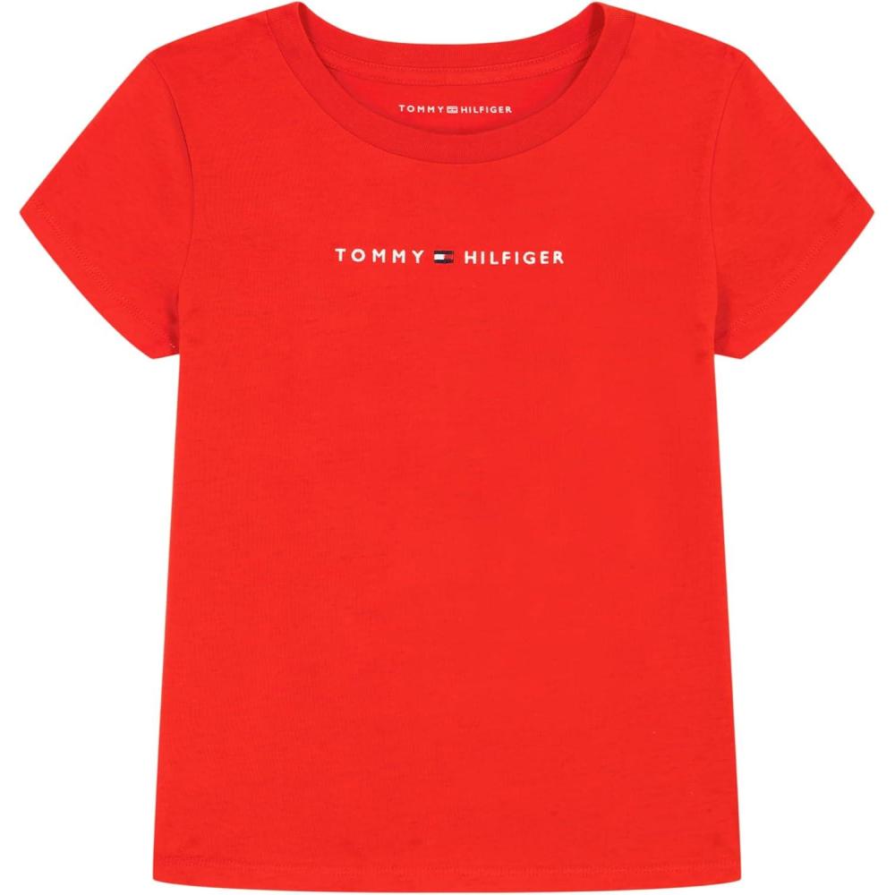 imageTommy Hilfiger Girls Short Sleeve TShirt with Flag Logo Cotton Blend Tee with Tagless InteriorTommy RedClassic Logo