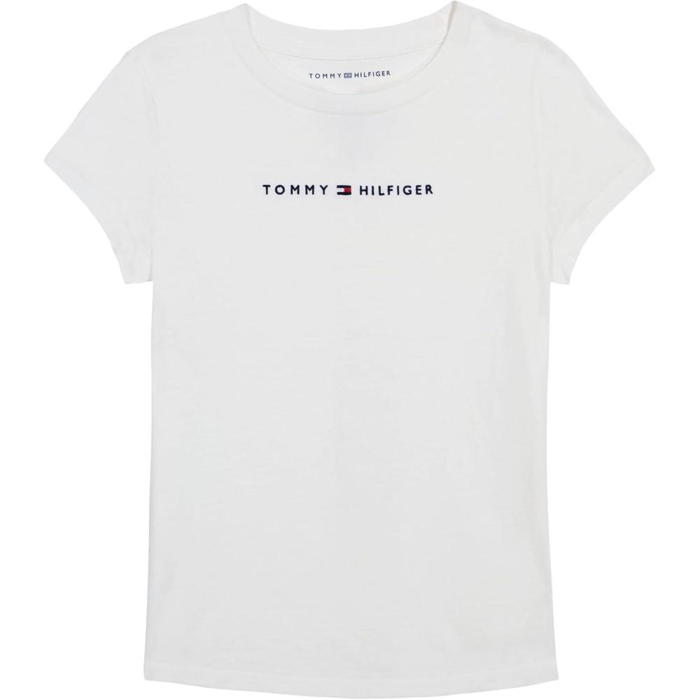 imageTommy Hilfiger Girls Short Sleeve TShirt with Flag Logo Cotton Blend Tee with Tagless InteriorWhiteClassic Logo