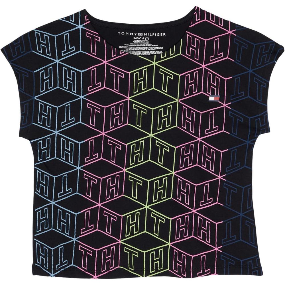 imageTommy Hilfiger Girls Sport Short Sleeve TShirt Crew Neckline Lightweight ampamp StretchyBlack Rainbow Geo