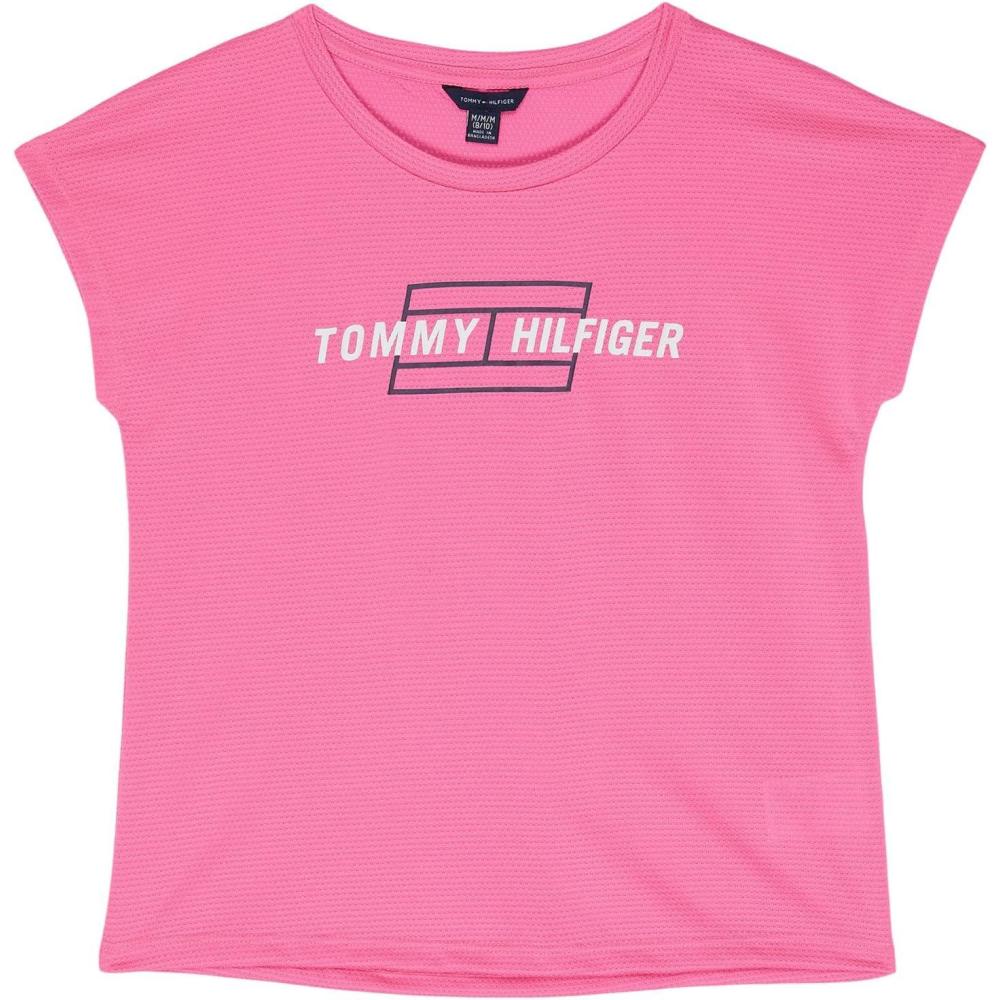 imageTommy Hilfiger Girls Sport Short Sleeve TShirt Crew Neckline Lightweight ampamp StretchyPlum Flag Mesh